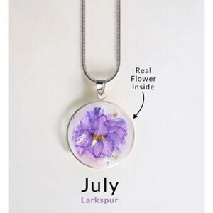 Mint & Lilly Pressed Birth Flower Necklace*July*Larkspur*Silver